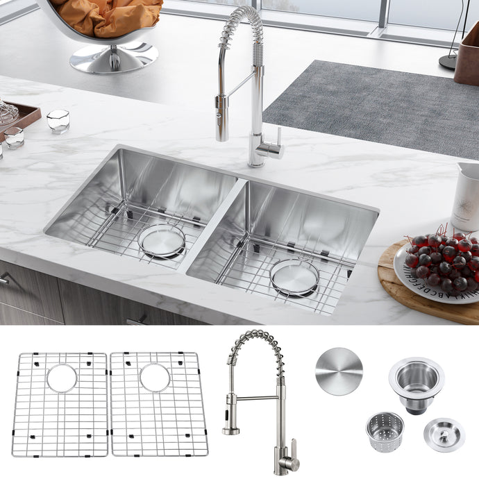 Kitchen sink set with faucet, drainboard, and additional components on a kitchen counter.