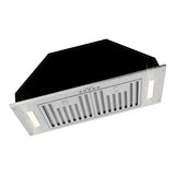Stainless steel range hood with black glass panel on a white background