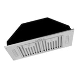 Stainless steel range hood with black glass cover on a white background