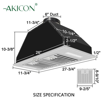 Measurement chart of an Akicon range hood with dimensions labeled