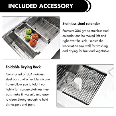 Stainless steel colander and foldable drying rack with text description on a white background
