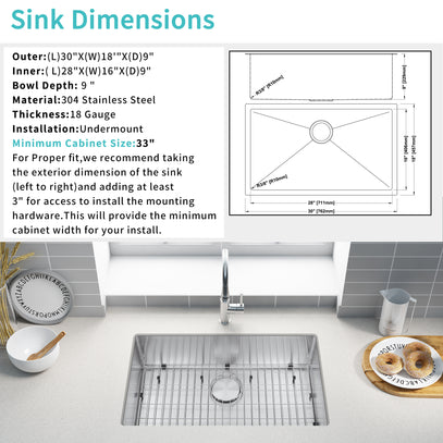 Stainless steel kitchen sink with dimensions and installation details on a white countertop.