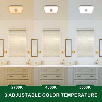 Bathroom vanity with three light fixtures showing different color temperatures.