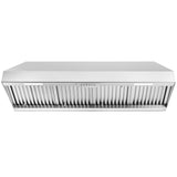 Stainless steel range hood on a white background