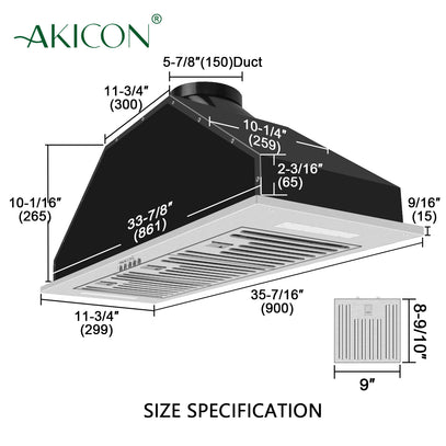 Measurement chart of an Akicon exhaust hood with dimensions labeled