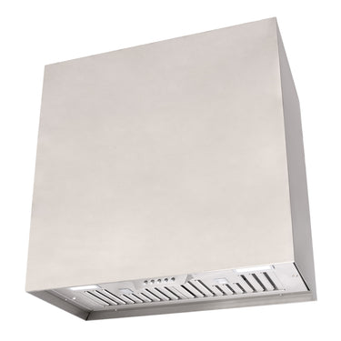 Stainless steel range hood with white panel on a white background