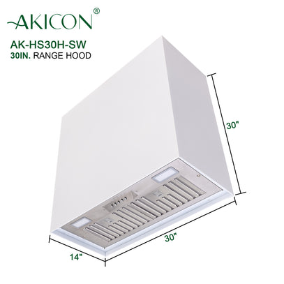 Akicon range hood with dimensions on a white background
