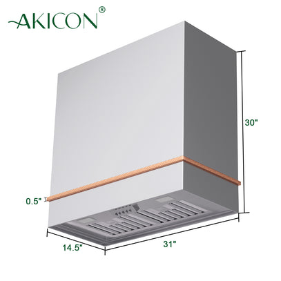 Akicon kitchen hood with dimensions on a white background