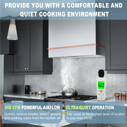 Kitchen with a range hood and air quality meter, highlighting features like powerful airflow and ultra-quiet operation.