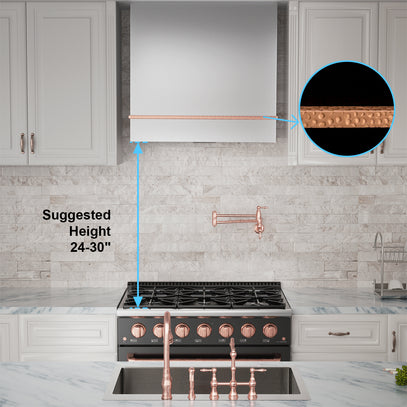 Kitchen setup with stove, range hood, and copper fixtures, showing suggested height for range hood.