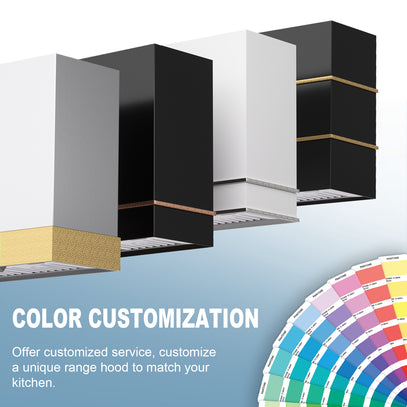 Kitchen hood with color customization options and a color swatch wheel on a light blue background.