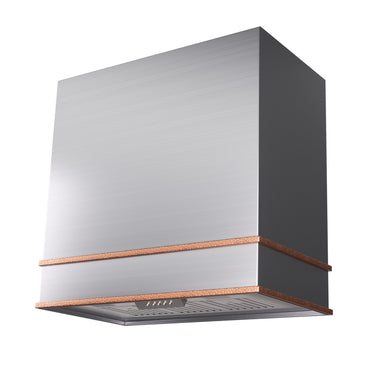 Modern kitchen hood with a metallic finish on a white background