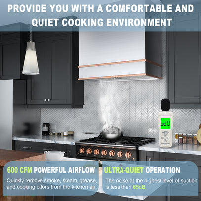Modern kitchen with a range hood and air quality monitor, emphasizing comfort and quiet operation.
