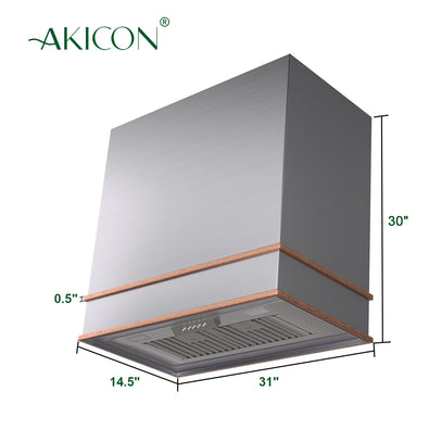 Cabinet hood with dimensions labeled, featuring the brand 'AKICON'.