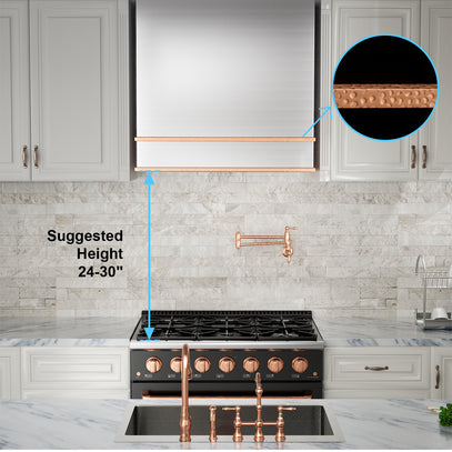 Kitchen setup with a stove and copper fixtures, showing suggested height range.