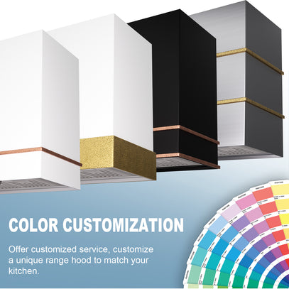 Kitchen range hood with color customization options and a color swatch chart.