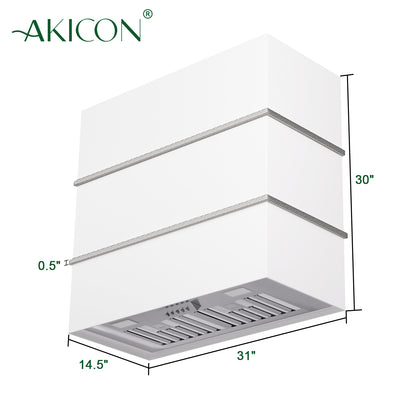 Akicon range hood with dimensions on a white background