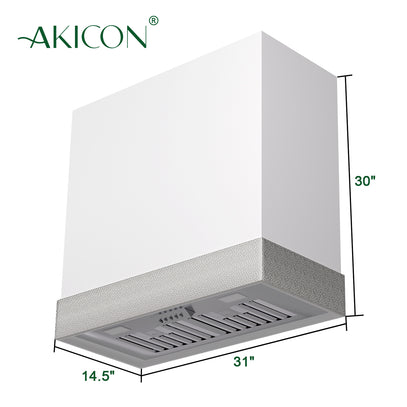 Akicon range hood with dimensions on a white background