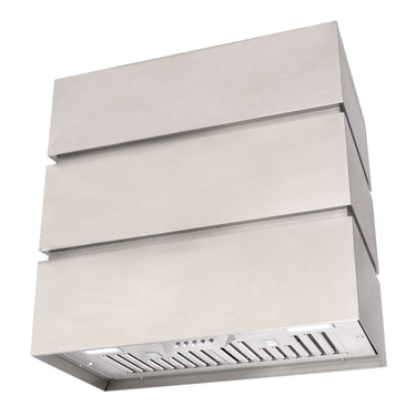 Stainless steel range hood on a white background