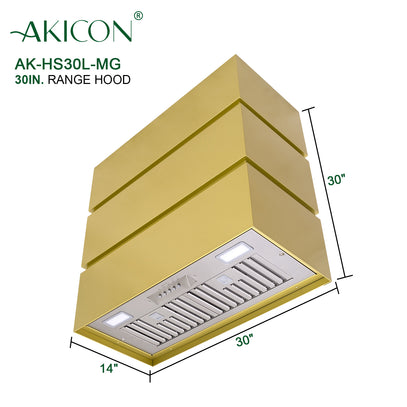 Gold range hood with dimensions labeled, featuring the brand 'AKICON'.