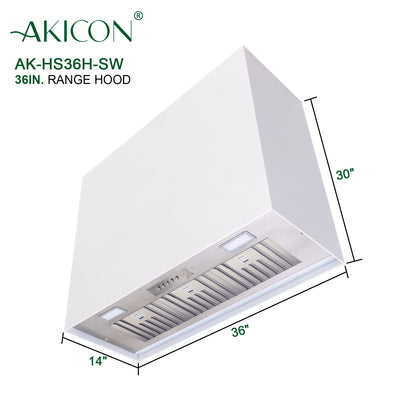 Akicon range hood with dimensions on a white background