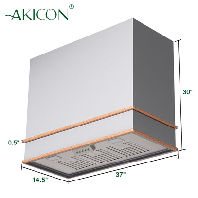 Akicon kitchen hood with dimensions on a white background