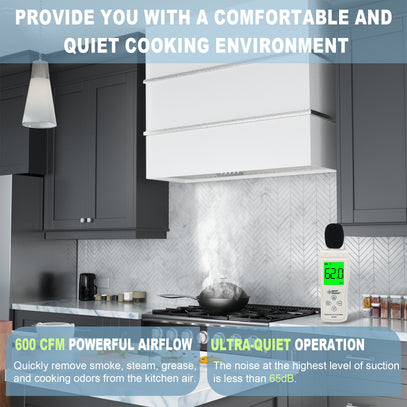 Kitchen with a range hood and text highlighting features