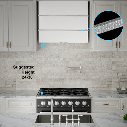 Kitchen setup with a stove and cabinets, highlighting suggested height range.