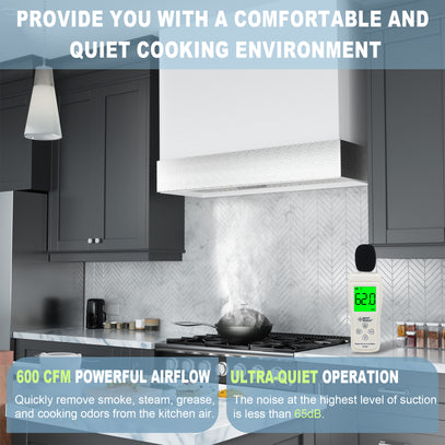 Modern kitchen with a range hood and air quality monitor, emphasizing airflow and quiet operation.