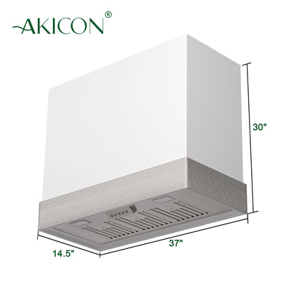 Akicon range hood with dimensions on a white background