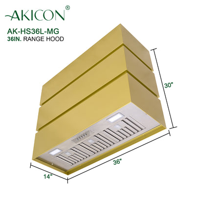 Gold range hood with dimensions labeled, featuring the brand 'AKICON'.