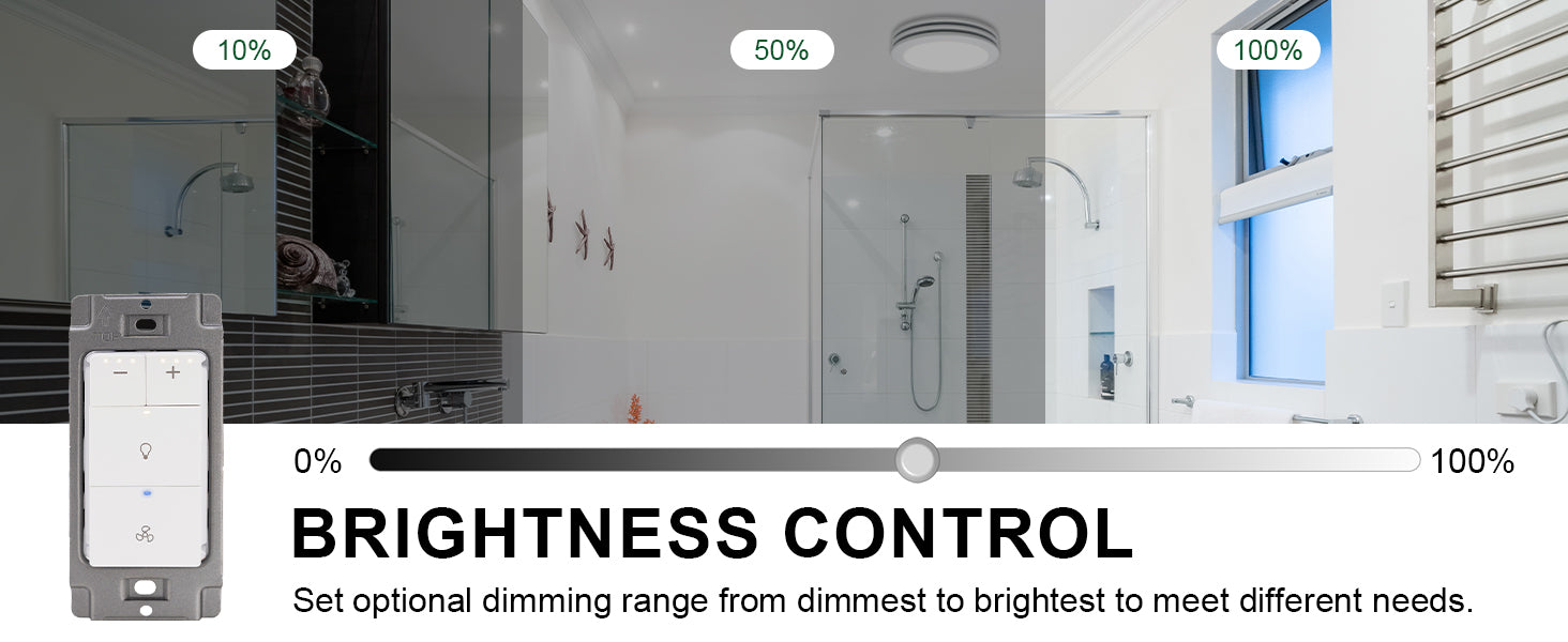 Bathroom with dimmable light control panel and brightness control slider.
