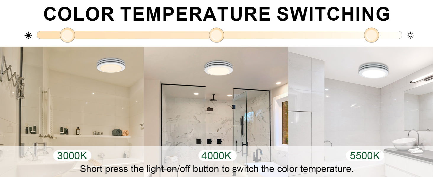 Bathroom interior with color temperature switching feature displayed on screen.