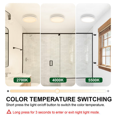 Bathroom with three light settings labeled 2700K, 4000K, and 5500K, indicating color temperature switching.