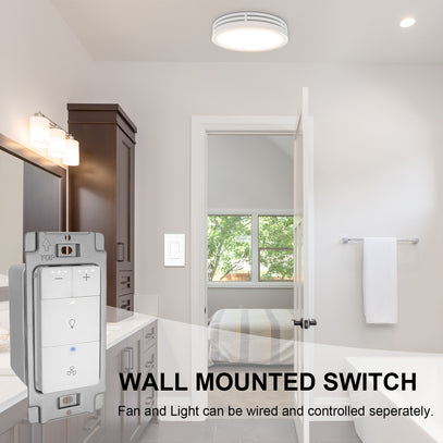 Bathroom interior with wall-mounted switch and light fixture, featuring a door open to a garden view.