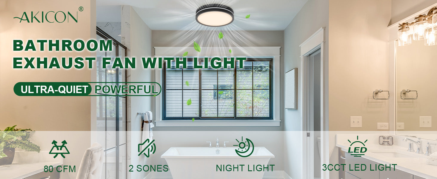 Bathroom exhaust fan with light in a modern bathroom setting, featuring the brand 'Akicon'.