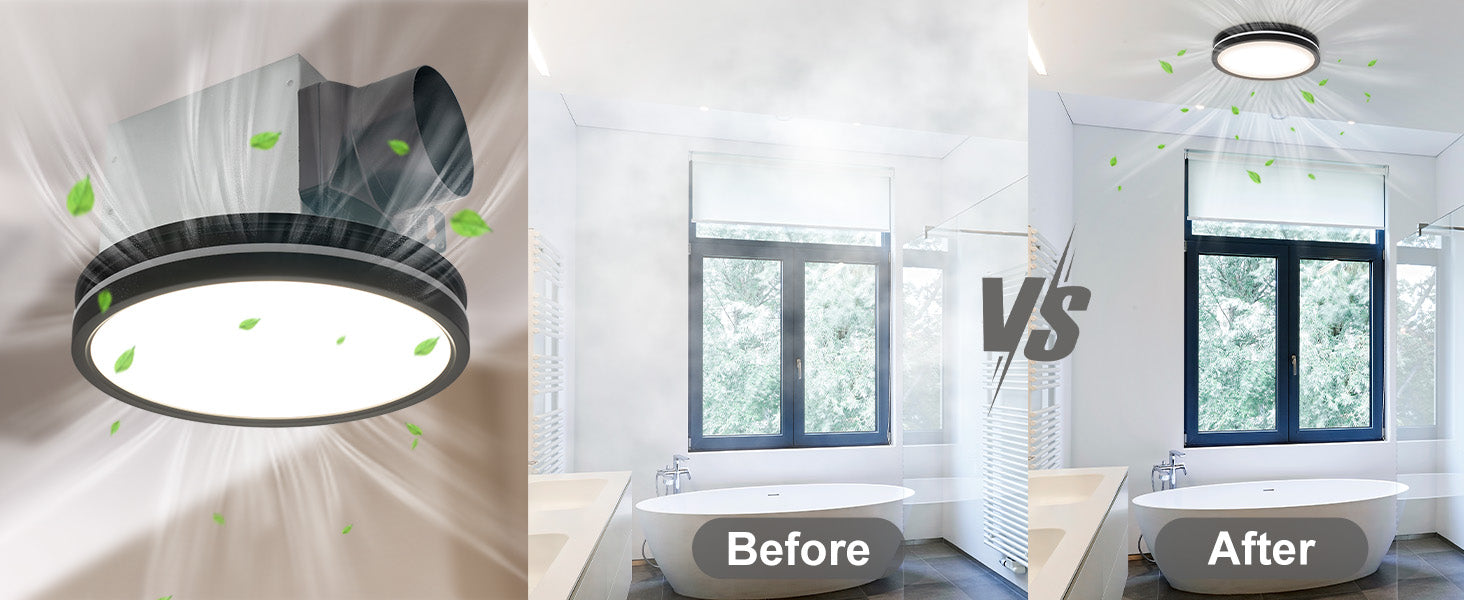 Comparison of a ceiling fan with air filter 'Before' and 'After' showing cleaner air in a room.