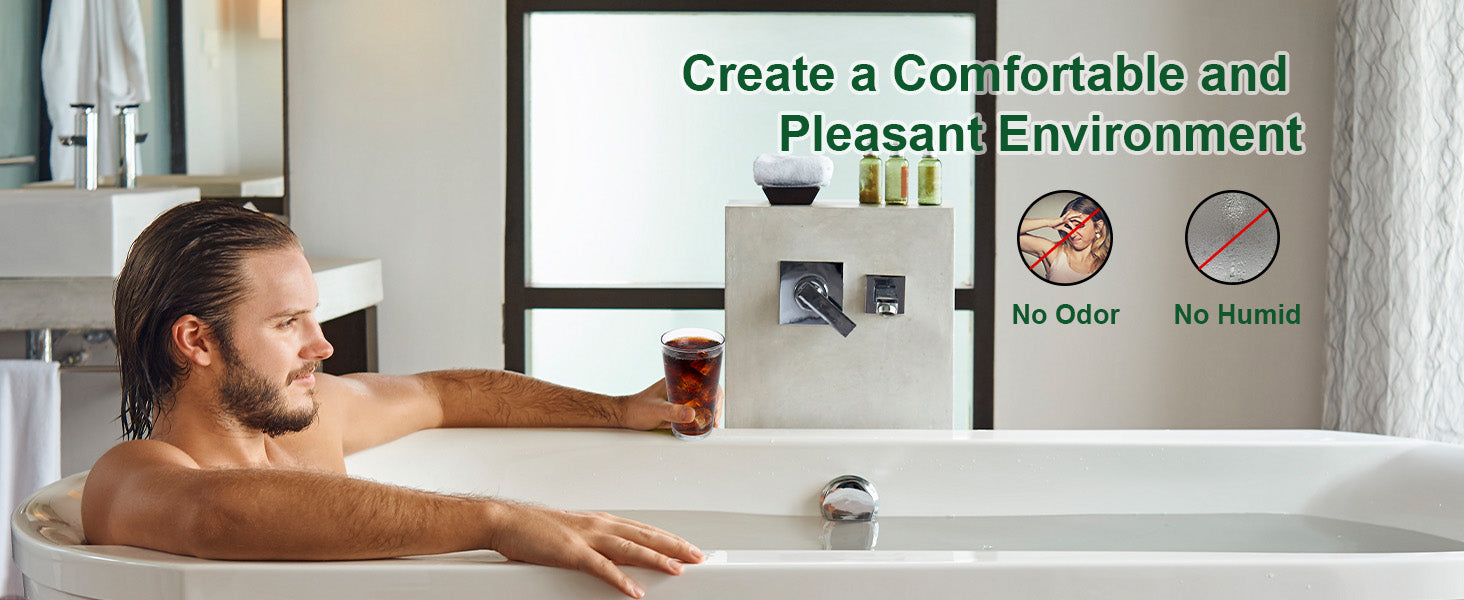 Man relaxing in a bathtub with a modern bathroom setting, featuring text about creating a comfortable environment.