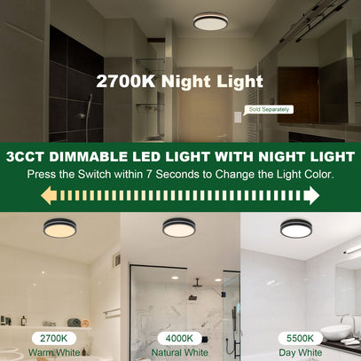 Bathroom interior with 3 CCT dimmable LED light fixtures and text indicating night light feature.
