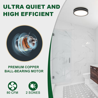 Bathroom setting with a shower and toilet, featuring text about ultra-quiet and high-efficient motor.