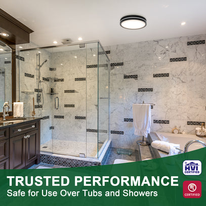 Modern bathroom with shower and bathtub, featuring HVI certification logo.