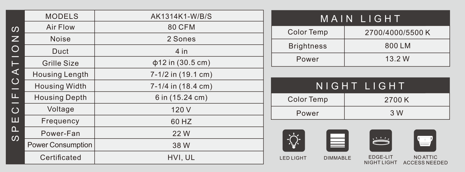 Product specifications label for a light fixture with technical details.