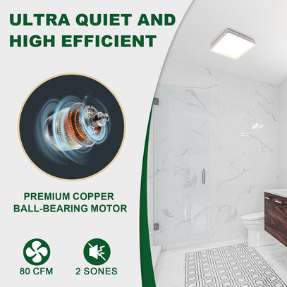 Bathroom with a shower and toilet, featuring text about ultra-quiet and high-efficient motor.