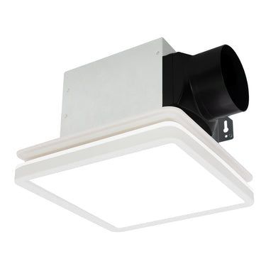 Ceiling-mounted air vent with white square design and black duct on a white background