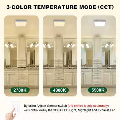 Three images showing different color temperature modes of a LED light fixture in a bathroom setting.