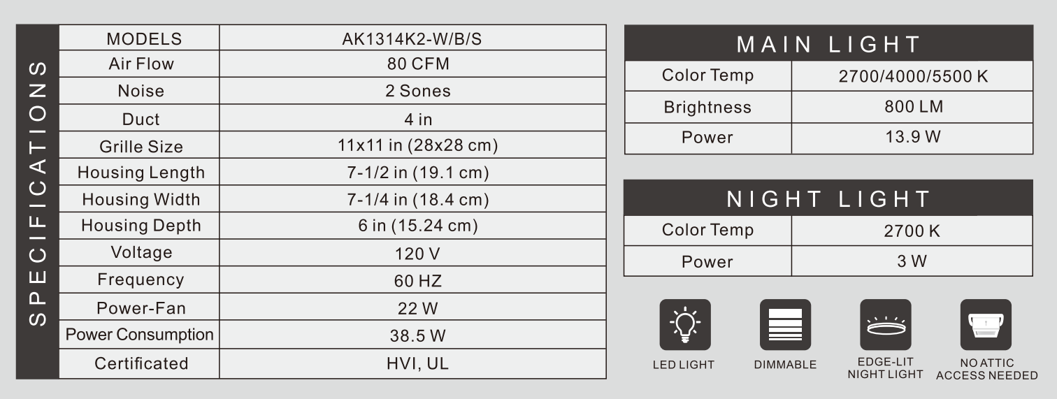 Product specifications label with technical details and icons for light settings.