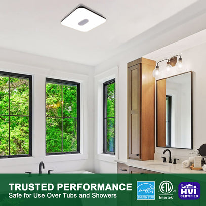 Modern bathroom interior with large windows, wooden cabinet, and vanity mirror.