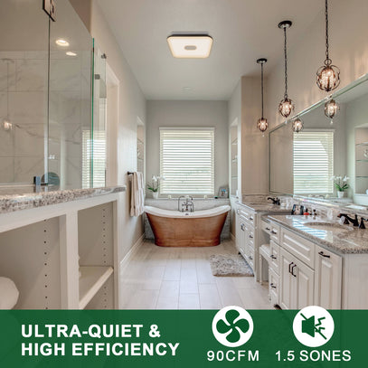Modern bathroom with a bathtub, vanity, and mirrors, featuring text about ultra-quiet and high-efficiency products.