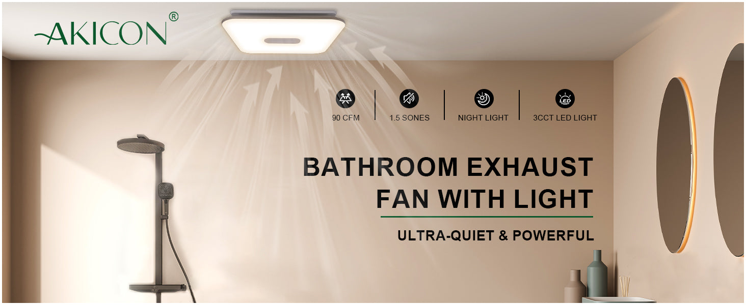 Bathroom exhaust fan with light by Akicon on a beige wall.