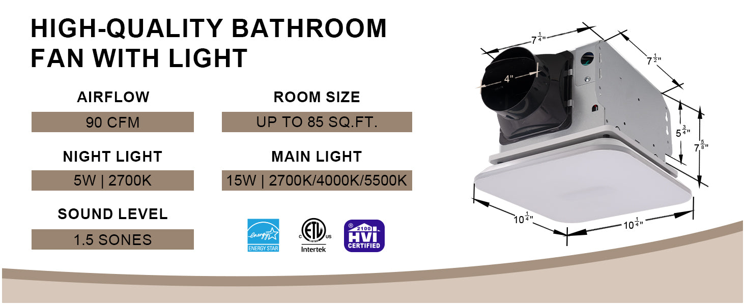 Bathroom fan with light specifications on a beige background